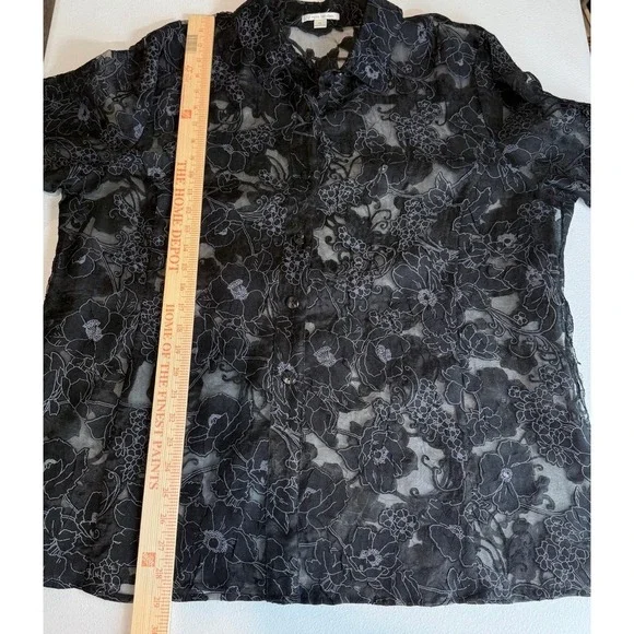 Erin London Black Floral Sheer Button Up Tunic Top Size XL - Picture 6 of 13